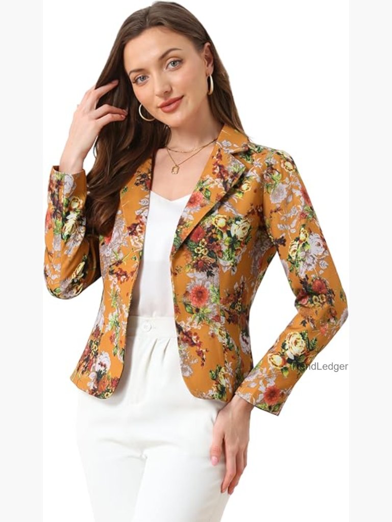 Women's Work Casual Fitted Blazer Notch Lapel Printed Open Front Suit Jacket